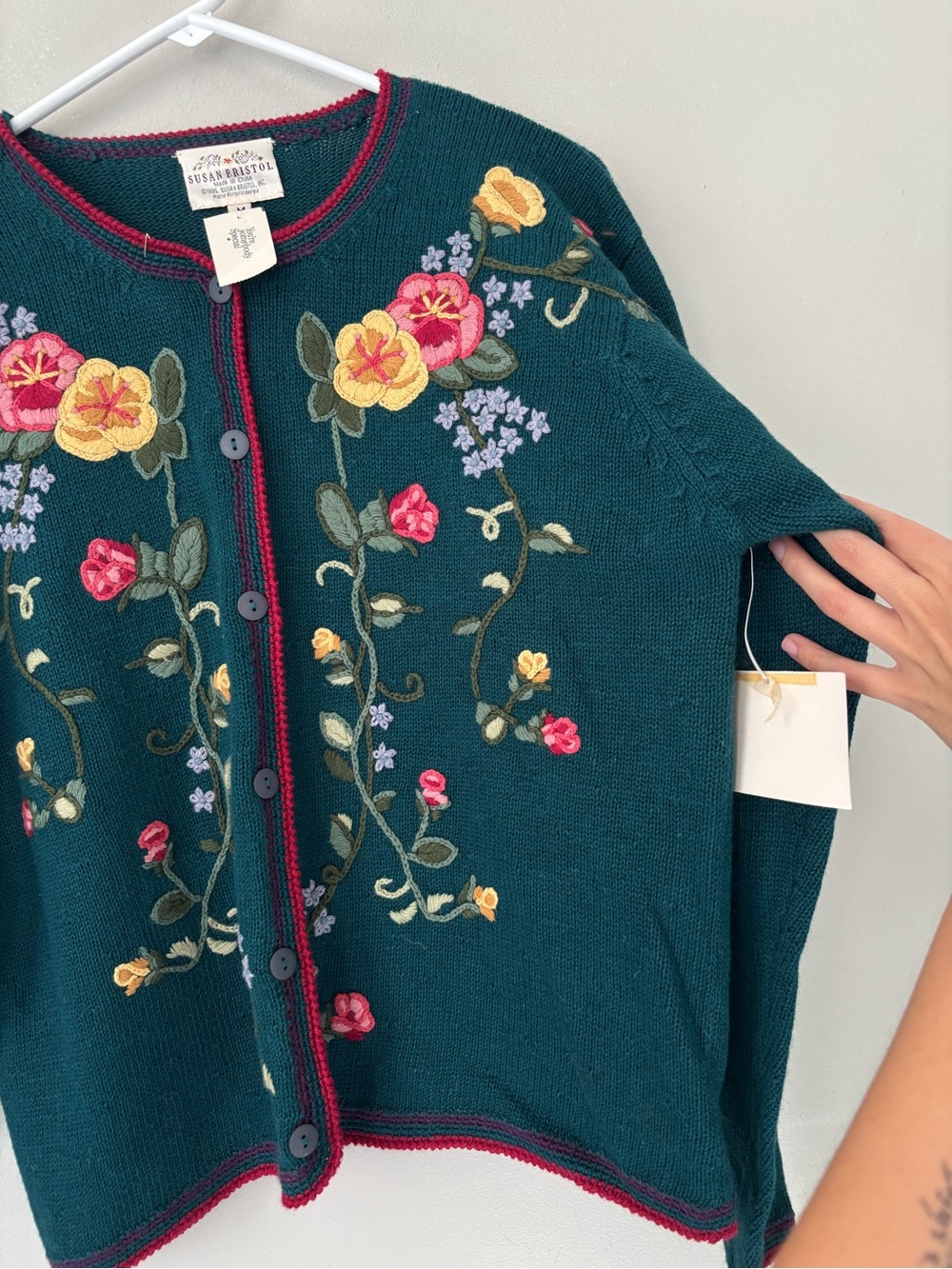 Vintage Cottagecore Teal Floral Knitted Embroidery Fairy Garden Granny Cardigan - Picture 4 of 9